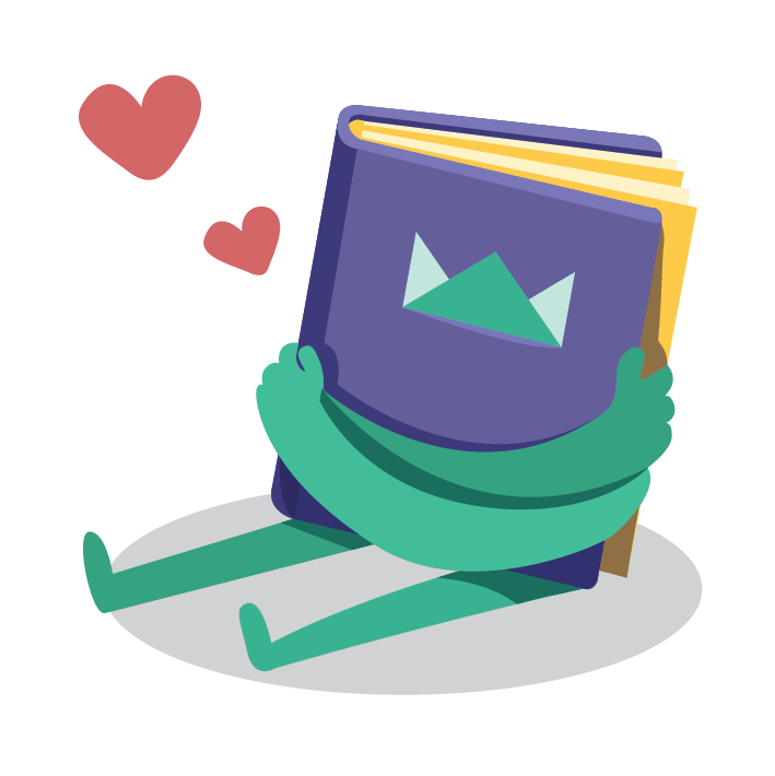 Icon "97% satisfaction" - illustration of book hugging itself and hearts in the air
Value icon
