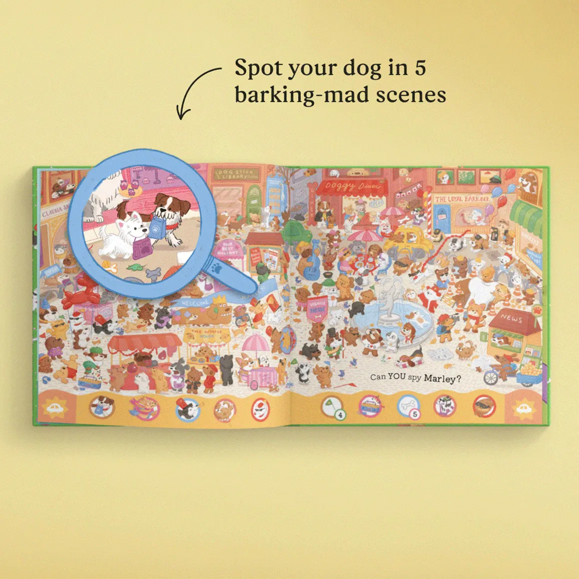 gif of different search and find spreads with a magnifying glass on the hero dog