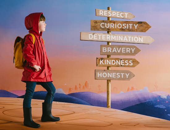 The Wondrous Road Ahead, child on a path with multiple sign posts for Respect, Curiosity, Determination, Bravery, Kindness and Honesty