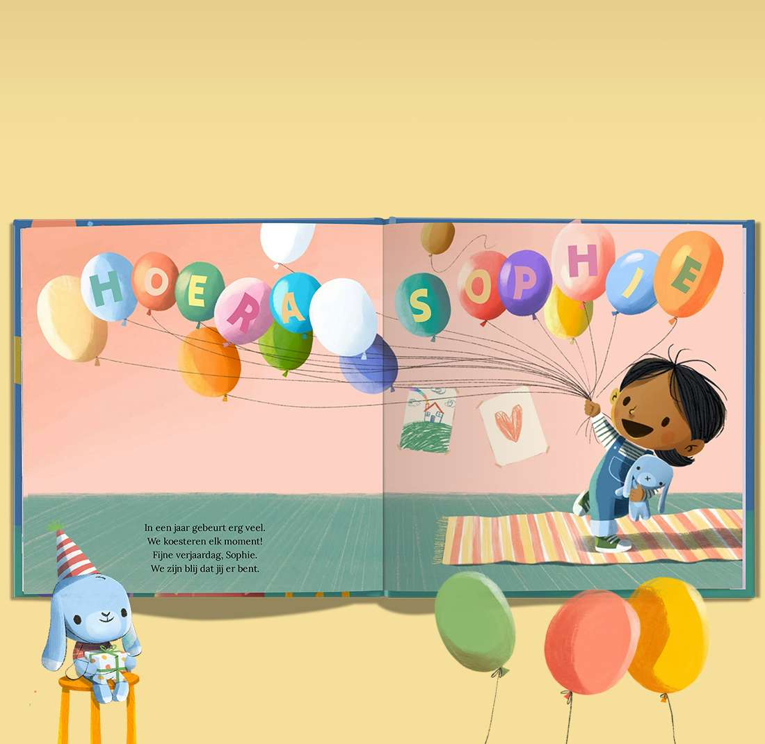 Gepersonaliseerde pagina uit het boek met de naam op ballonnen