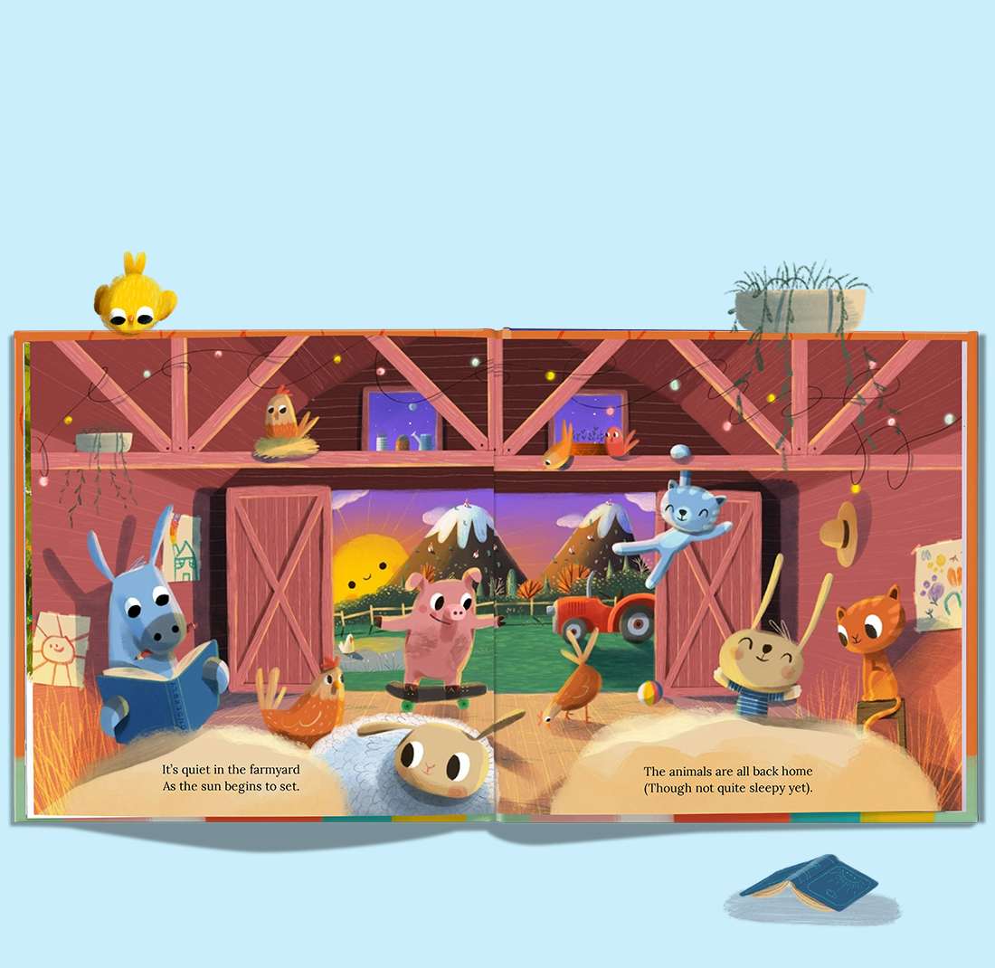 Open book showing animals at the farm