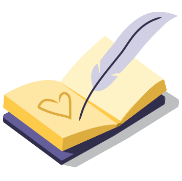 Icon "free dedication" - illustration of book being written in with feather pen

Value icon