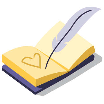 Icon "free dedication" - illustration of book being written in with feather pen
Value icon