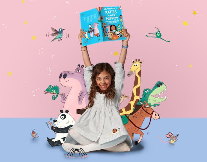Girl holding her book surrounded by animal illustrations