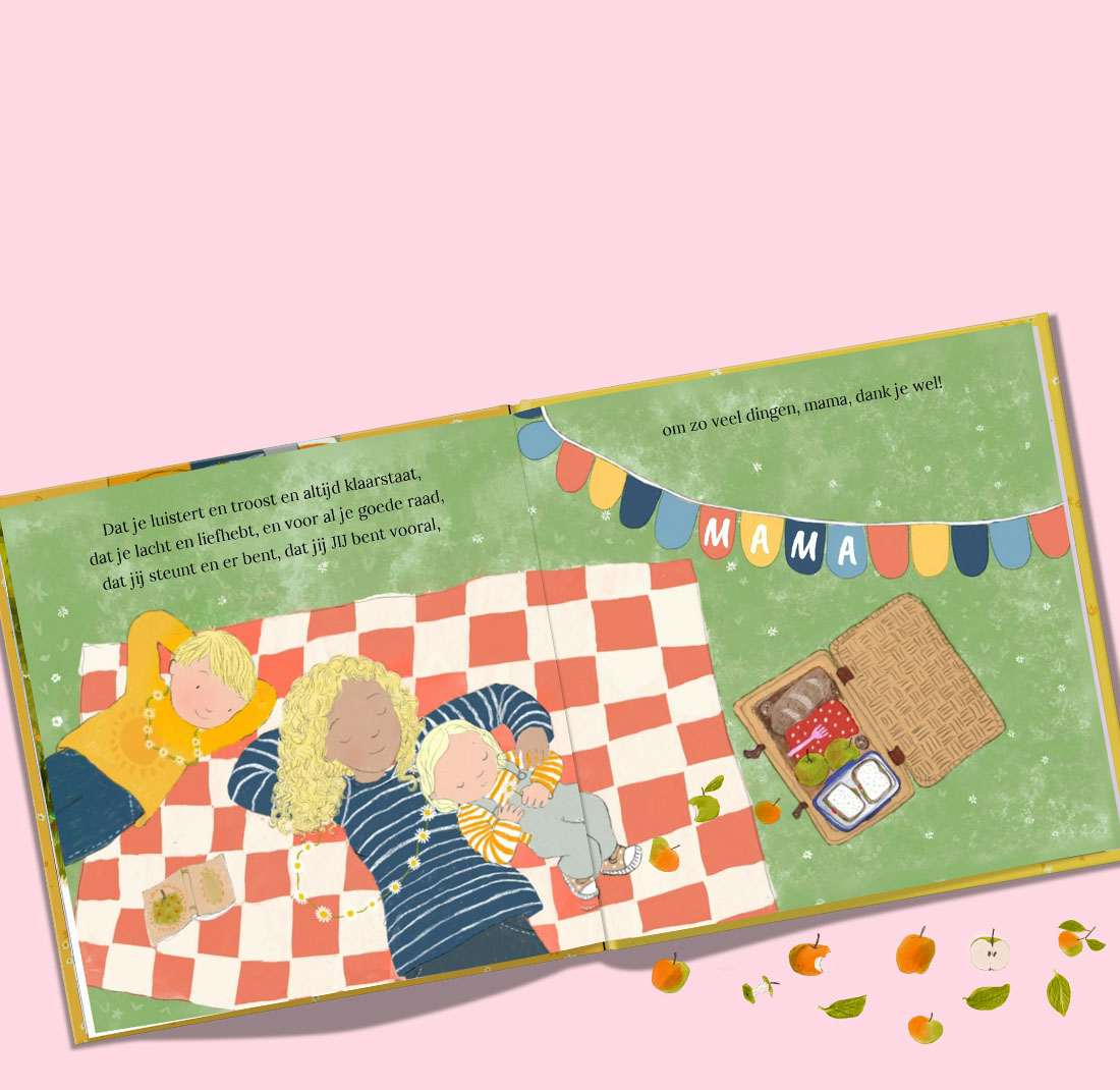 Prachtige illustraties van mama en kind in Dank je wel, mama