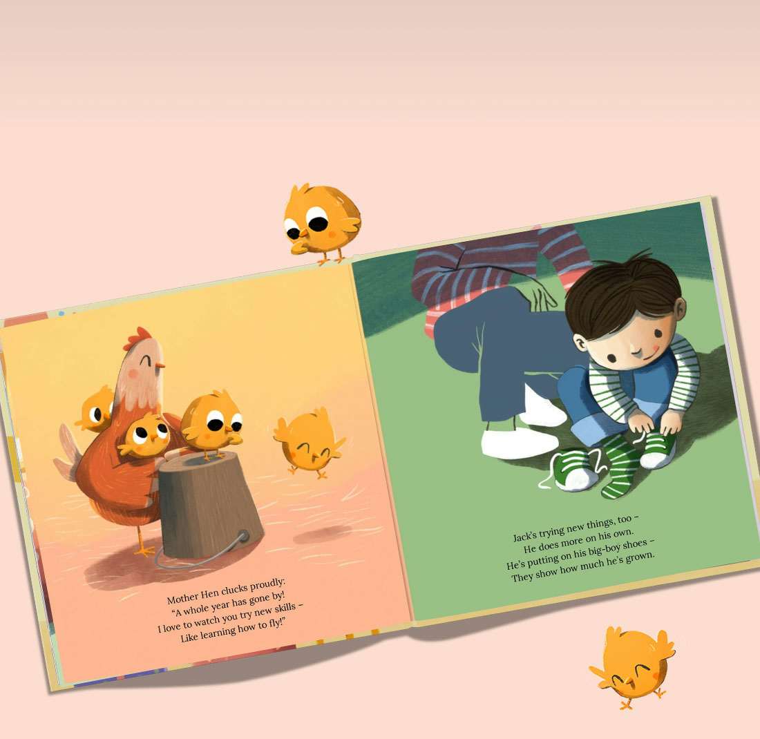 book spread with chicks and hens