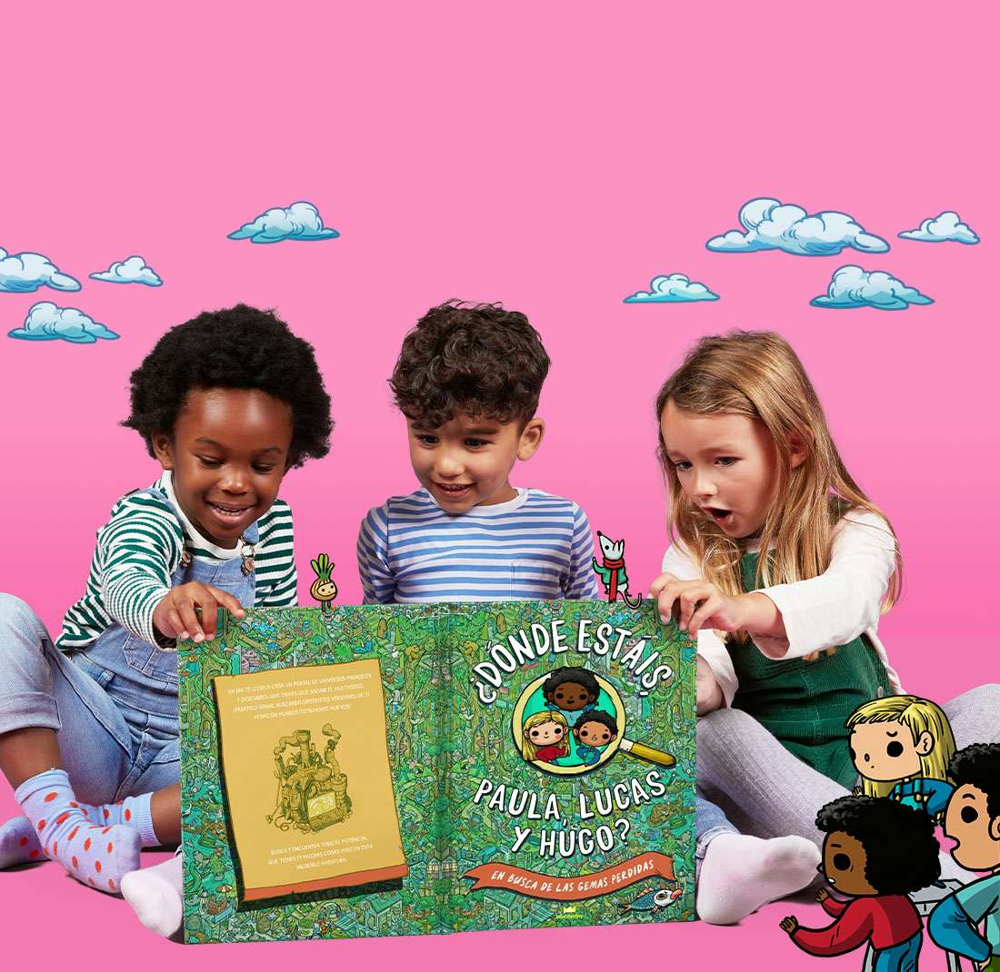 3 niños leyendo juntos “¿Dónde estás? En busca de las gemas perdidas”