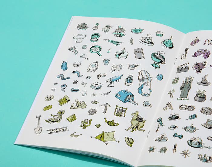Spread of some of the 148 stickers inside the book