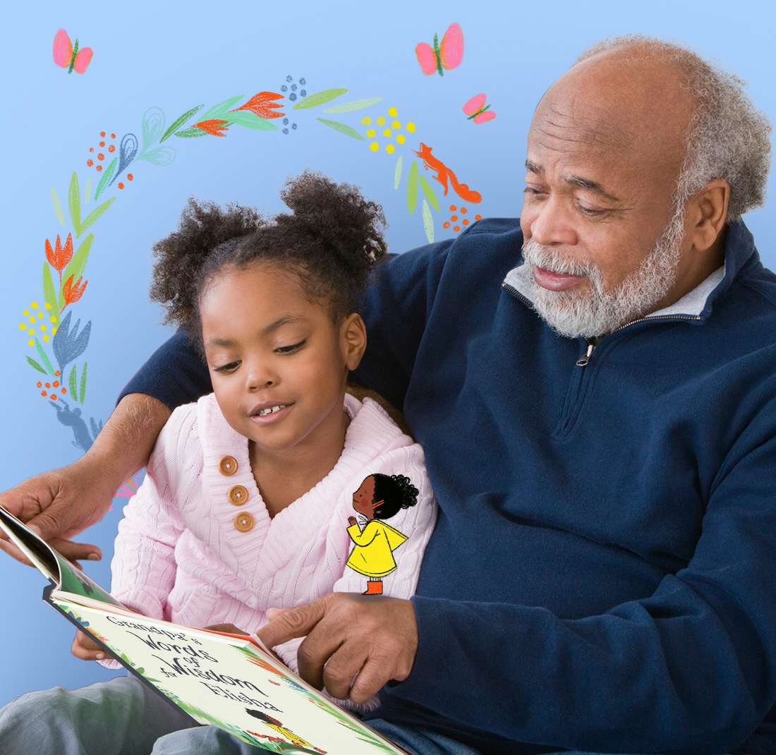 Grandparent and child reading Words of Wisdom For You together