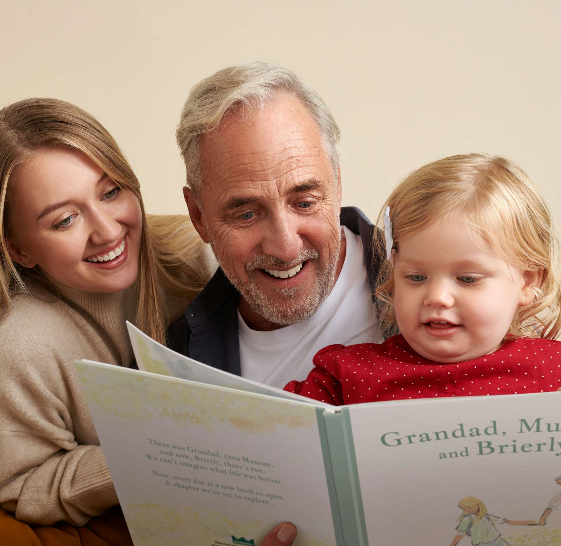 grandpa, mother and child reading grandpa, daddy and me book