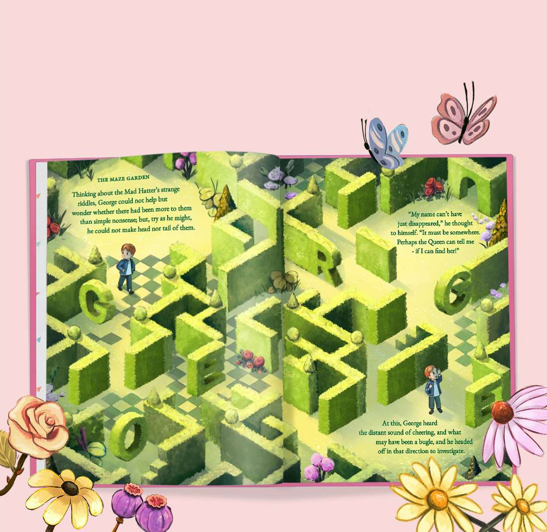 Open book showing the maze garden pages