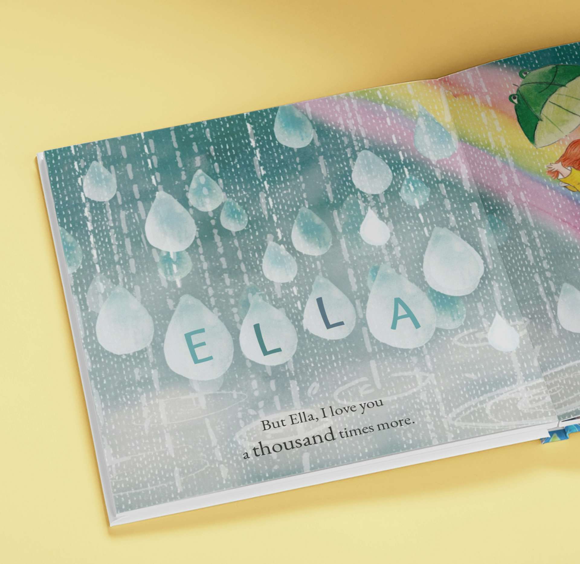 Page with child's name in raindrops