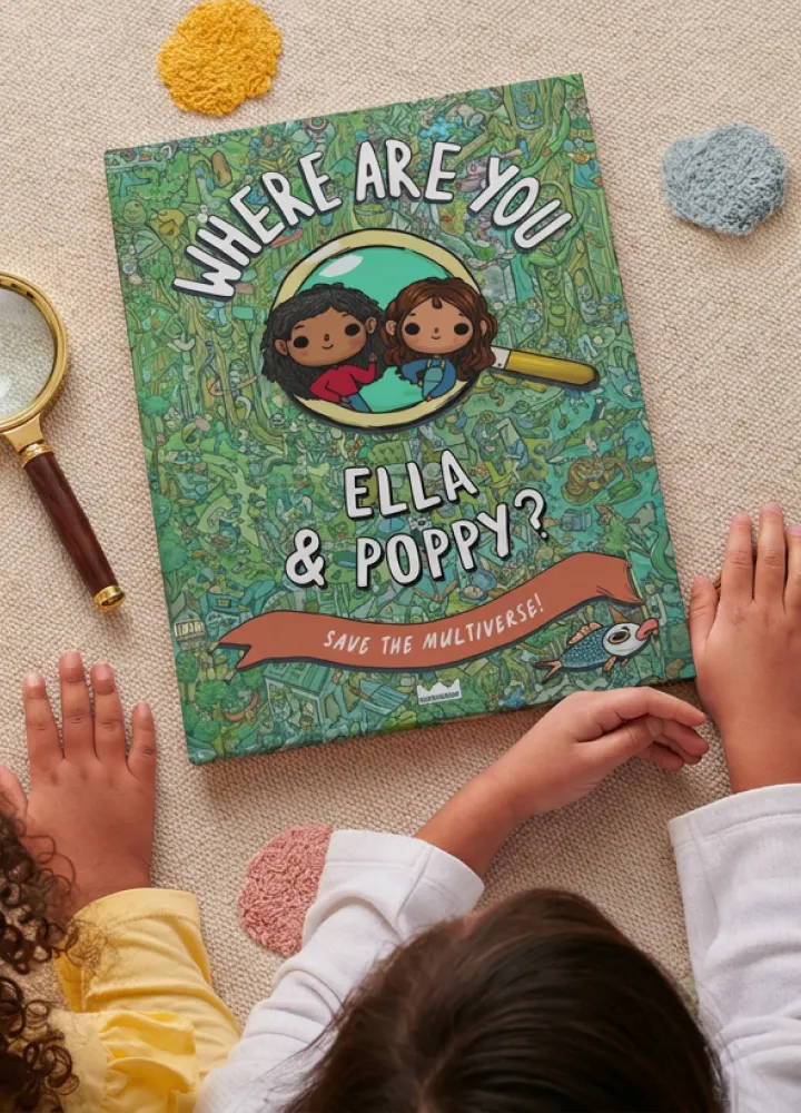 Two children looking at their personalised book cover