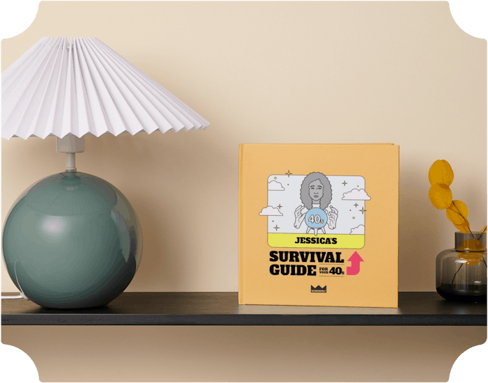 Personalised Forties survival guide on a shelf