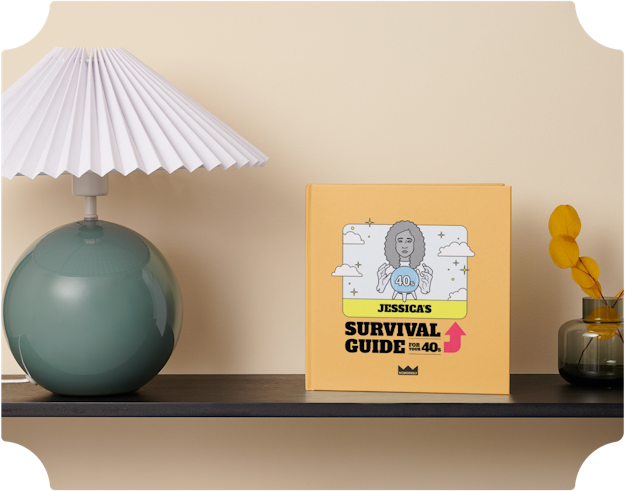 Personalised Forties survival guide on a shelf
