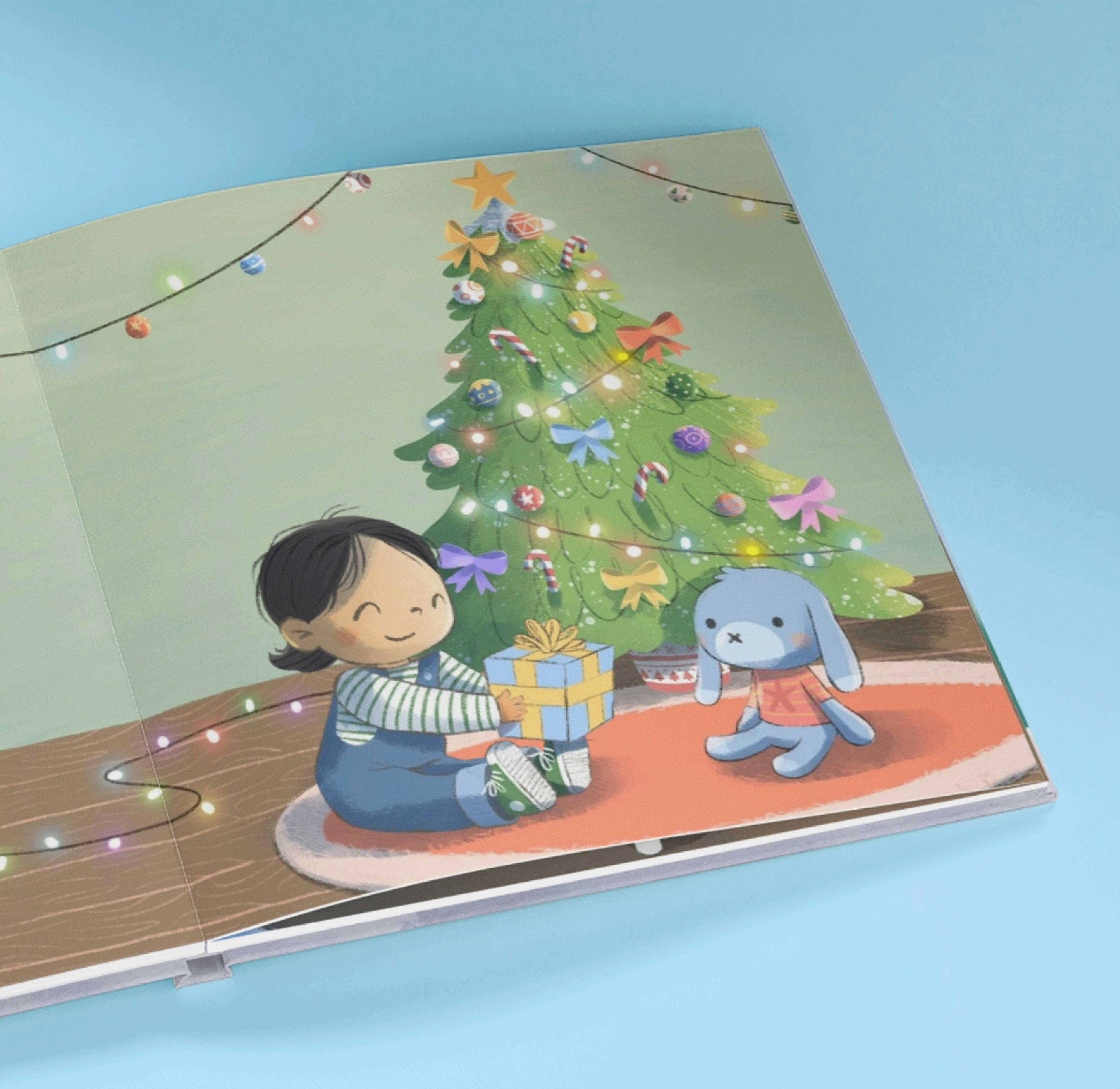 Page inside the book showing artwork of a personalised avatar opening presents