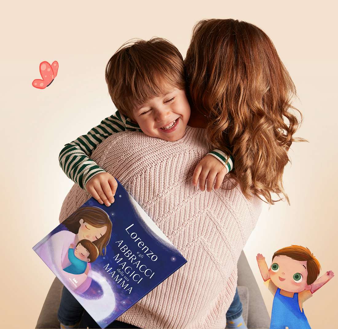 Una mamma abbraccia il suo bambino mentre ha in mano un libro
