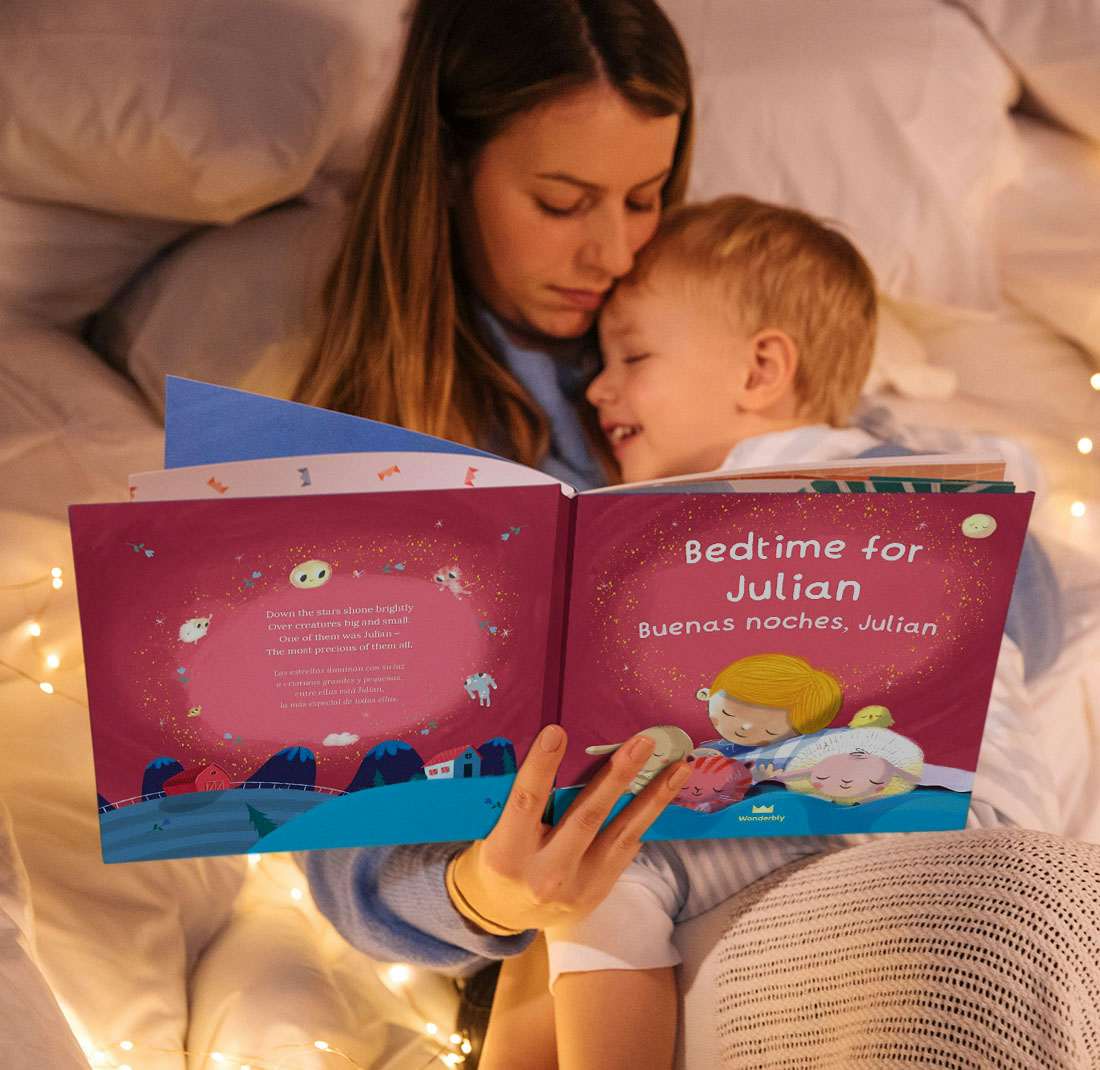 Mother and son reading the personalised book