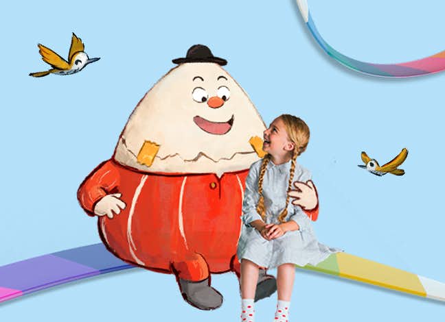 egg character and child sitting on a rainbow