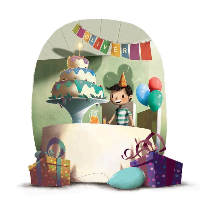 The Birthday Thief Book - Product Description about the character being surrounded by a room full of presents and cake with his name printed on a hanging banner