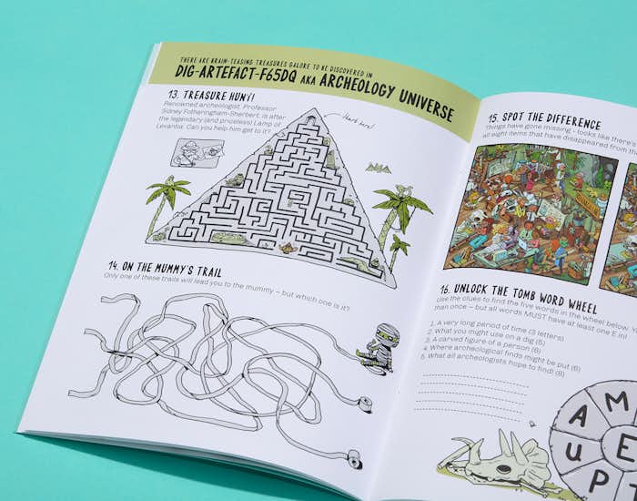 Spread of the book showing a selection of puzzles in the Archeology Universe