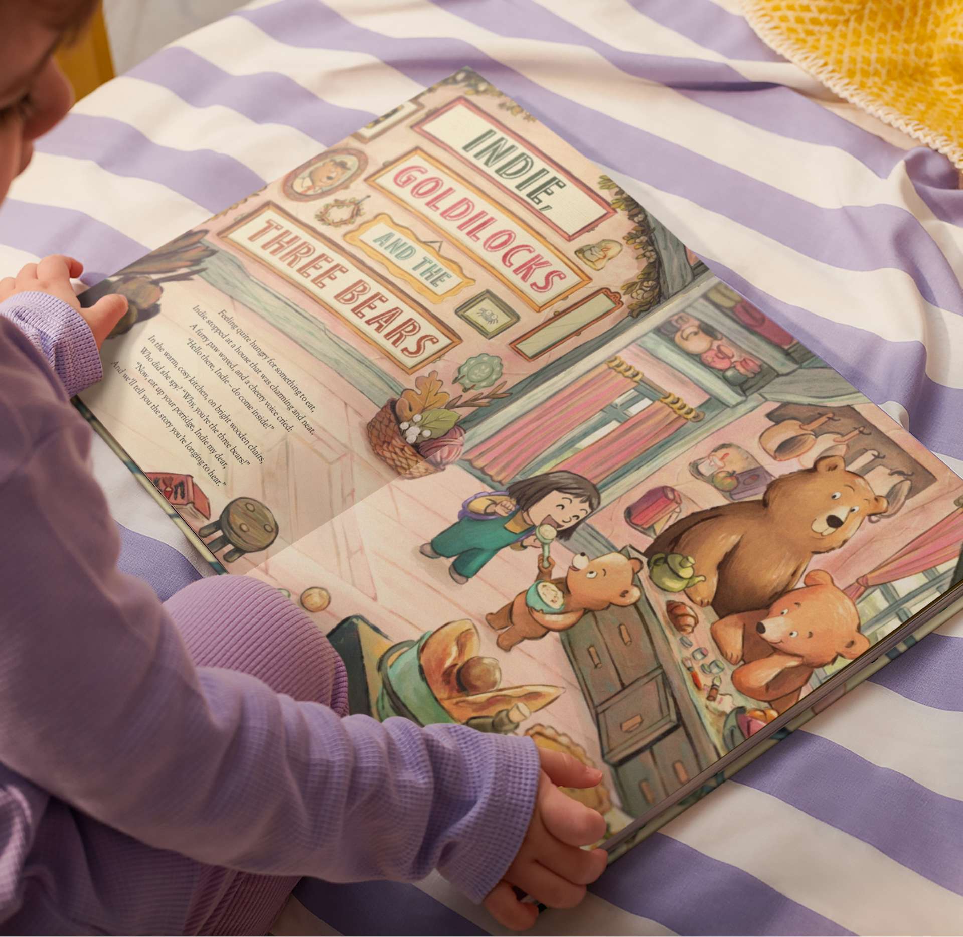open pages of personalised fairy tale book with child reading
