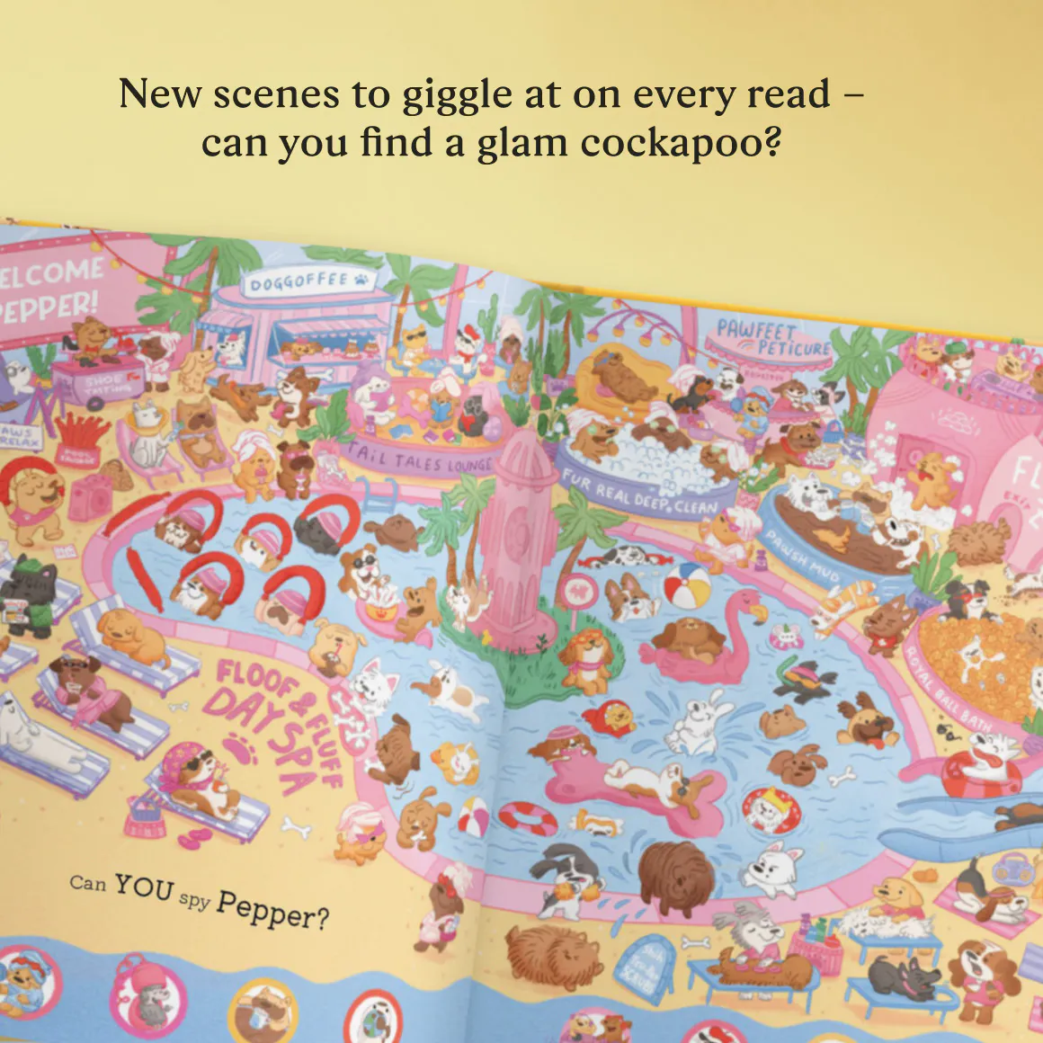 zoom in of search and find spread at the dog spa