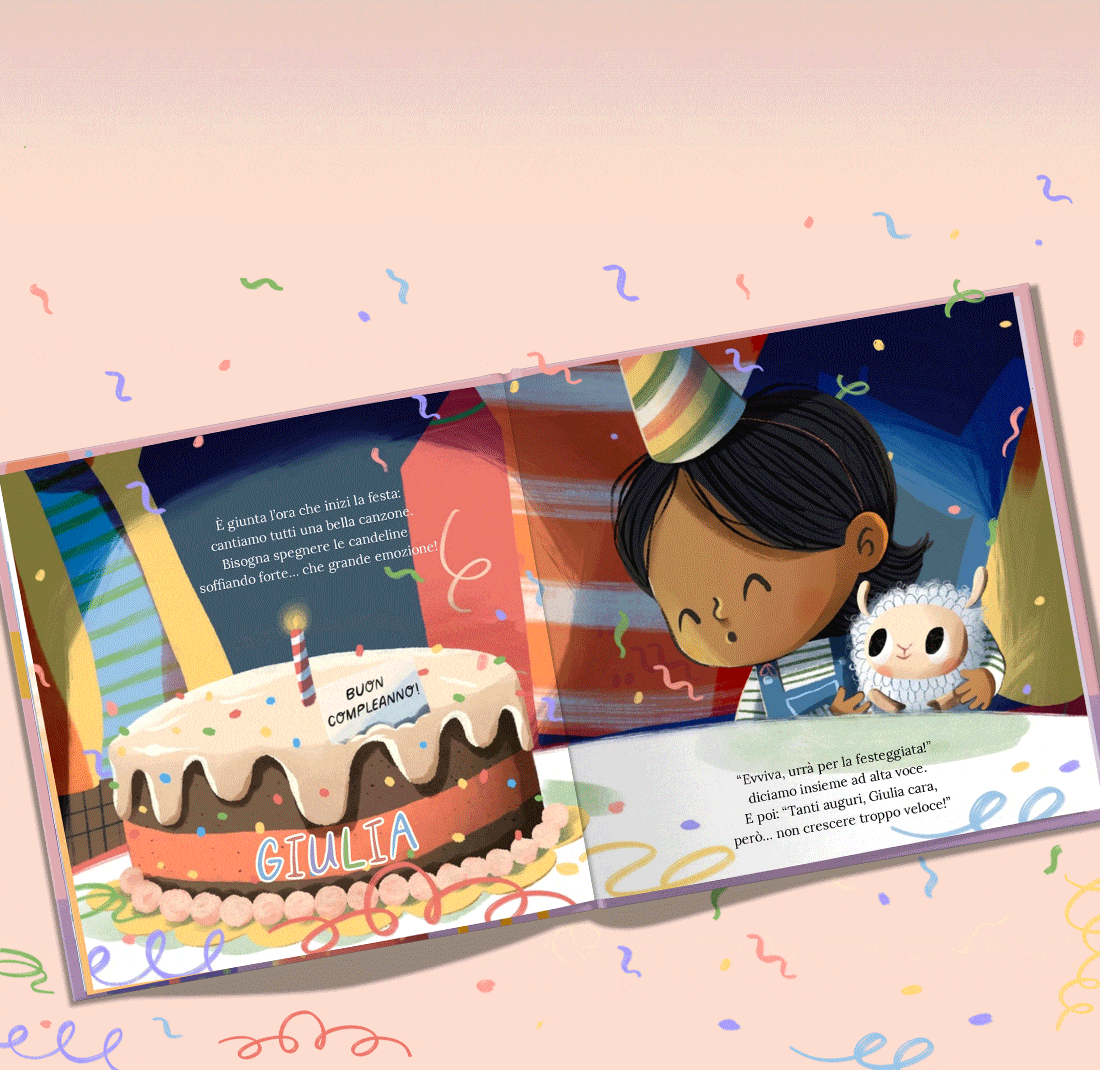 Immagine animata del libro aperto che mostra diversi bambini che soffiano la loro prima candelina di compleanno