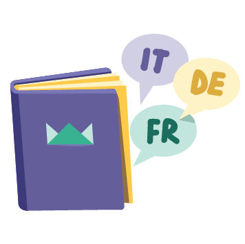 Icon "12 languages" - illustration of book with speech bubbles saying italian, german, and french