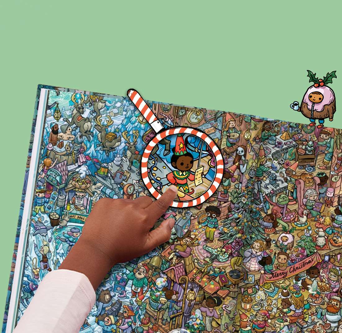book spread with a magnifying glass on a character