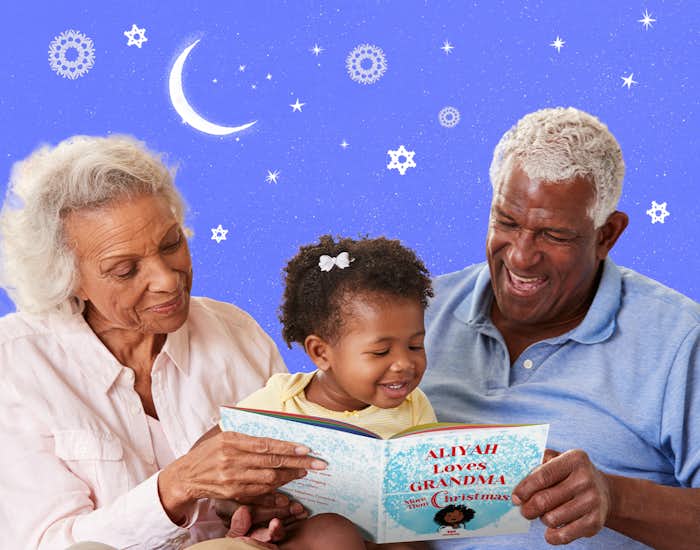 Grandparents and grandchild reading I Love Grandma More Than Christmas
