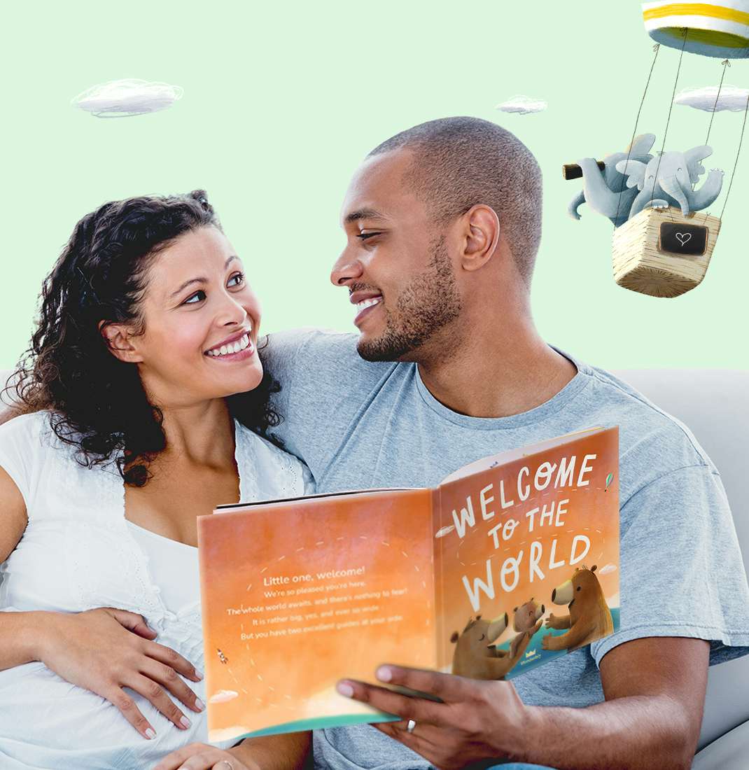 Expecting parents reading Welcome To Our World together