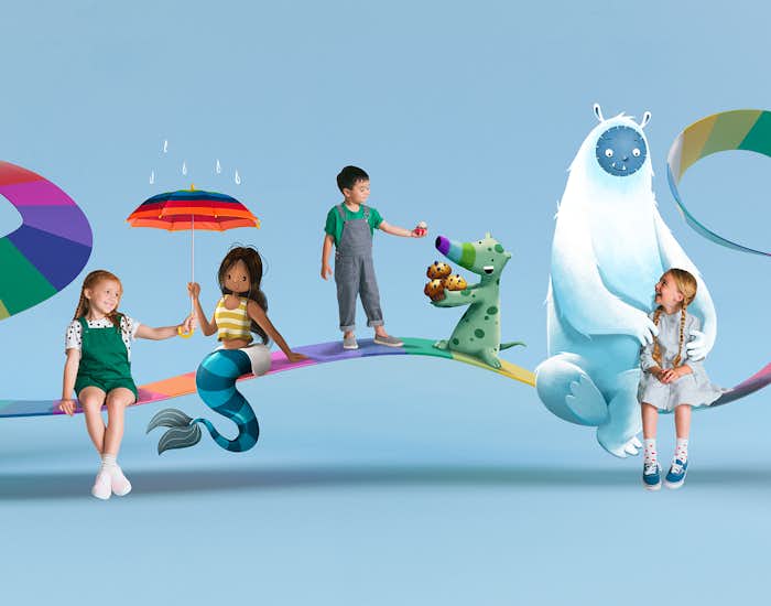 Children alongside the characters from the three books, sitting on a rainbow