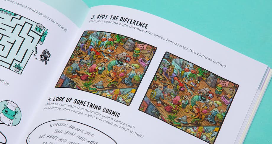 Spread of the book showing a selection of puzzles in the chef universe.