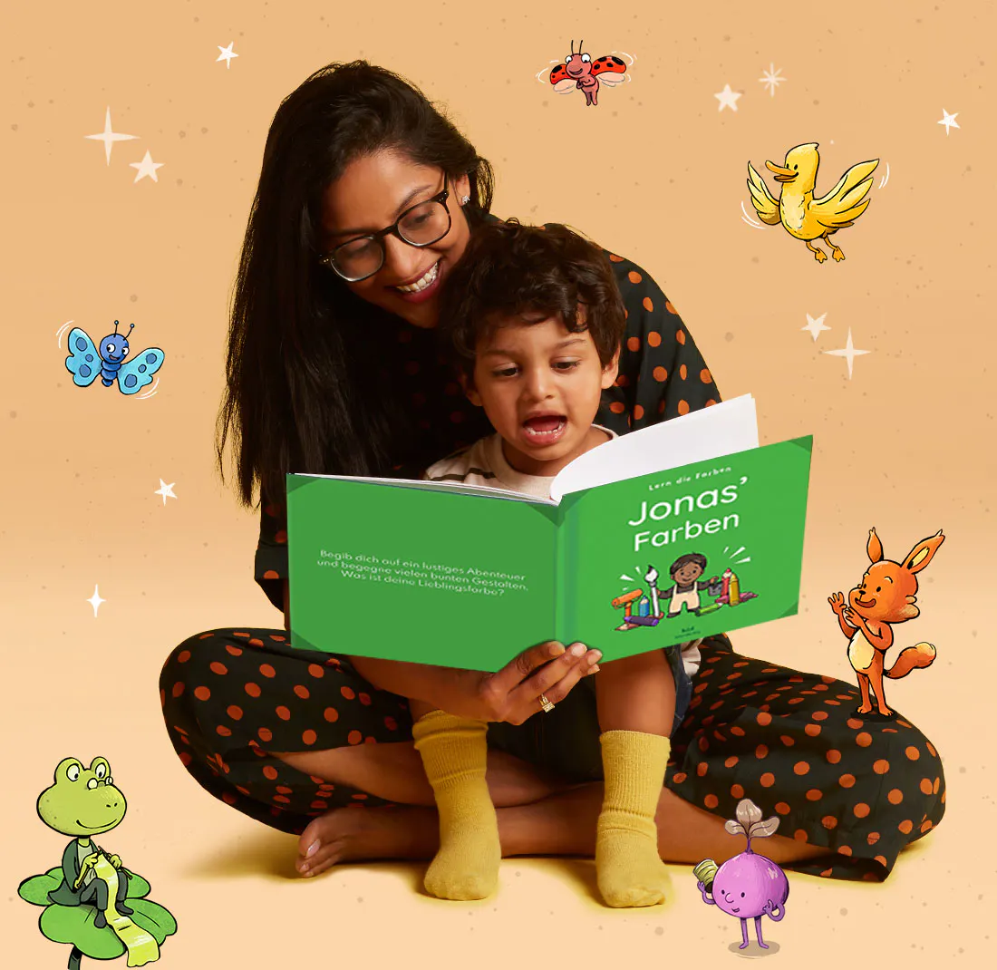 Erwachsener und Kind lesen gemeinsam Deine Farben