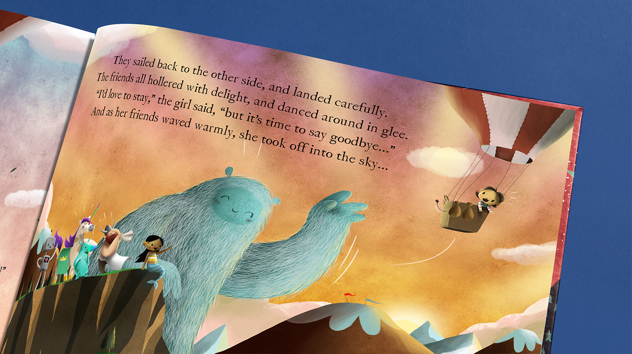 Spread from book showing the child's friends sending her off in a hot air balloon