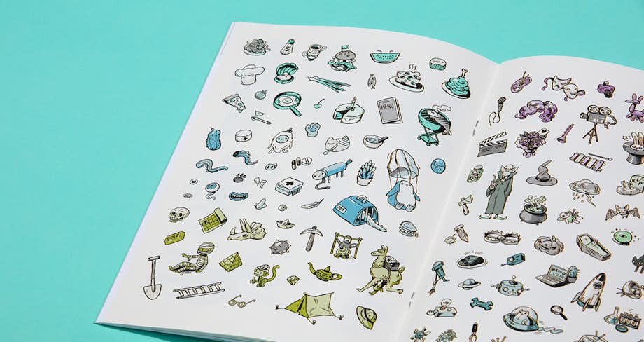 Spread of some of the 148 stickers inside the book