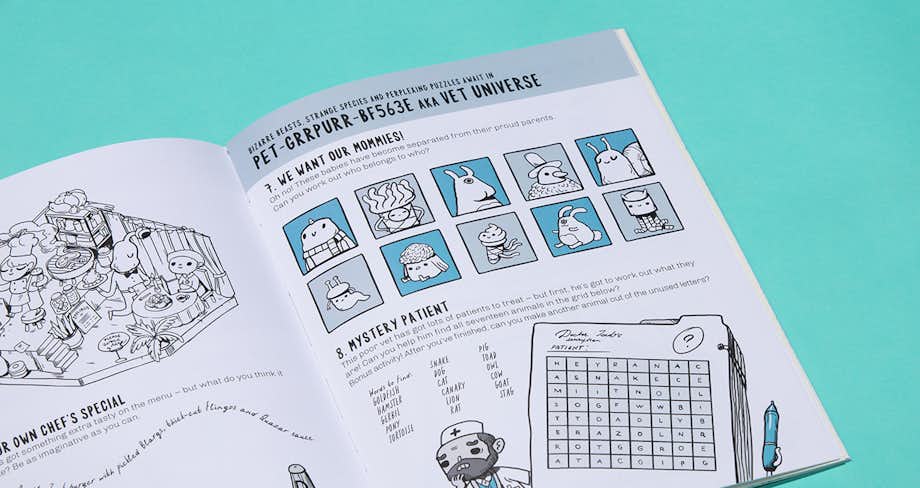 Spread of the book showing a selection of puzzles in the vet universe.