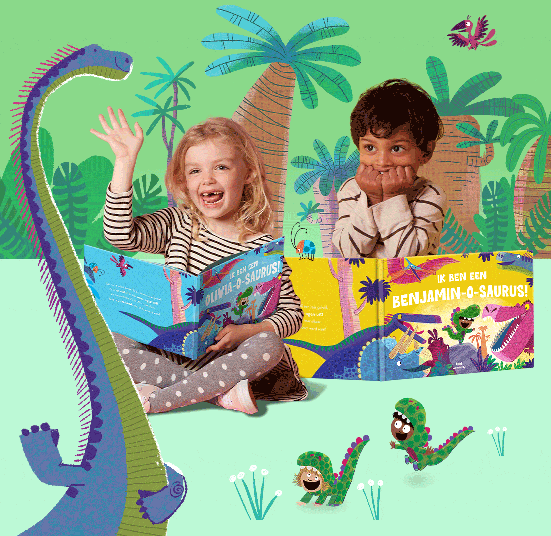 Kinderen lezen het boek en zijn omringd door dinosaurus illustraties