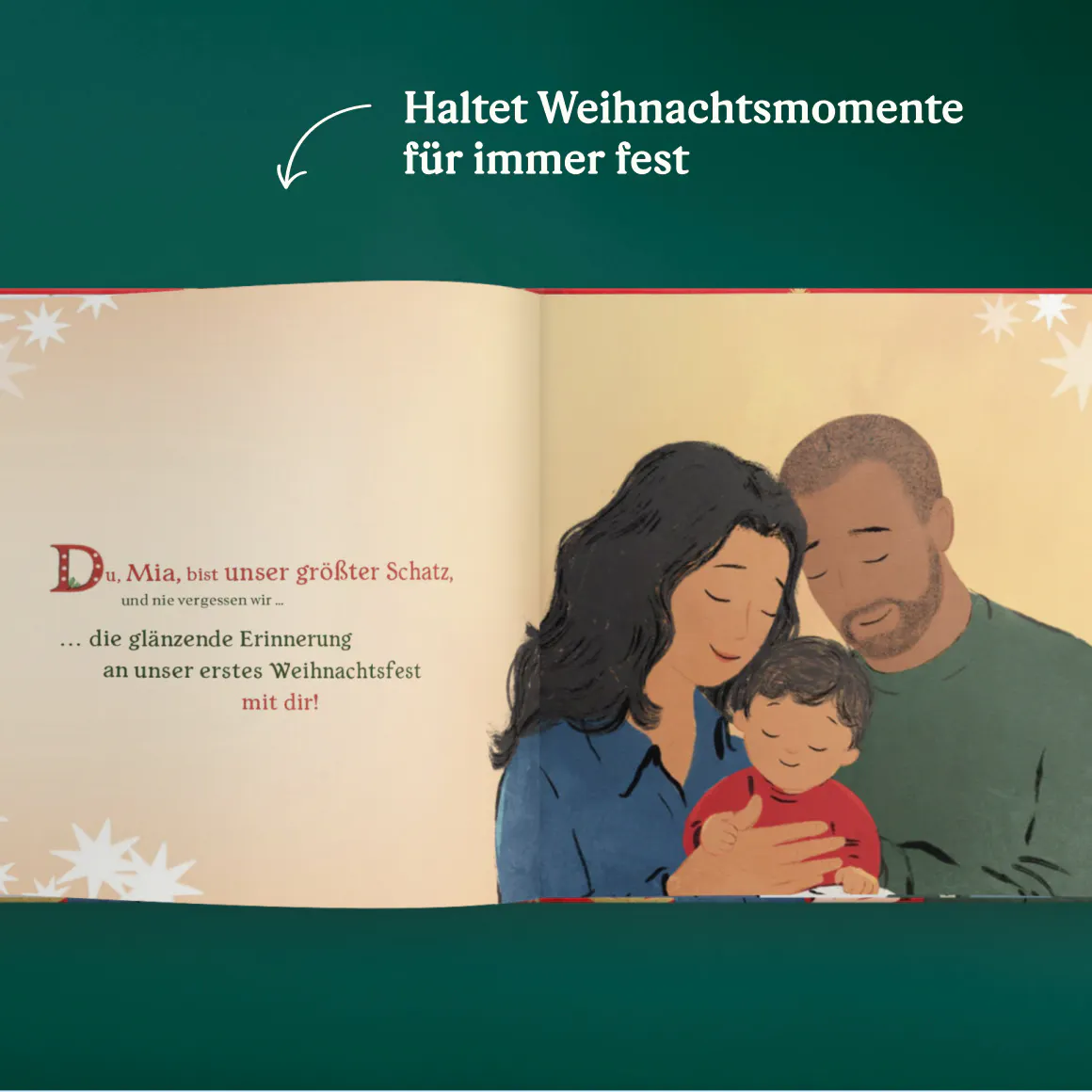 Eine aufgeschlagene Seite des personalisierten Buches - Das erste Weihnachtsfest zu dritt