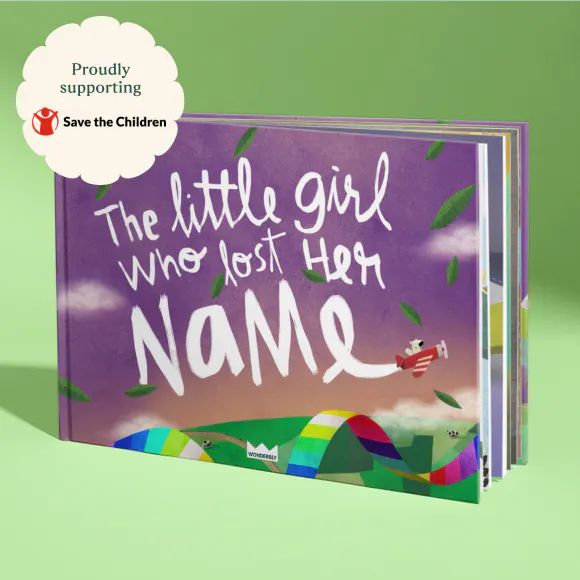 Lost My Name book cover with a roundel reading "Proudly supporting Save the Children"