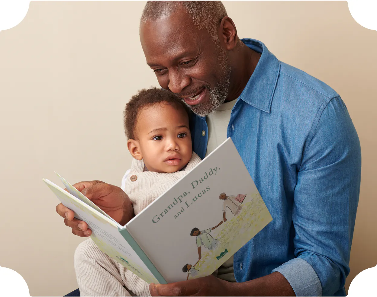 A child and grandpa reading the personalized book