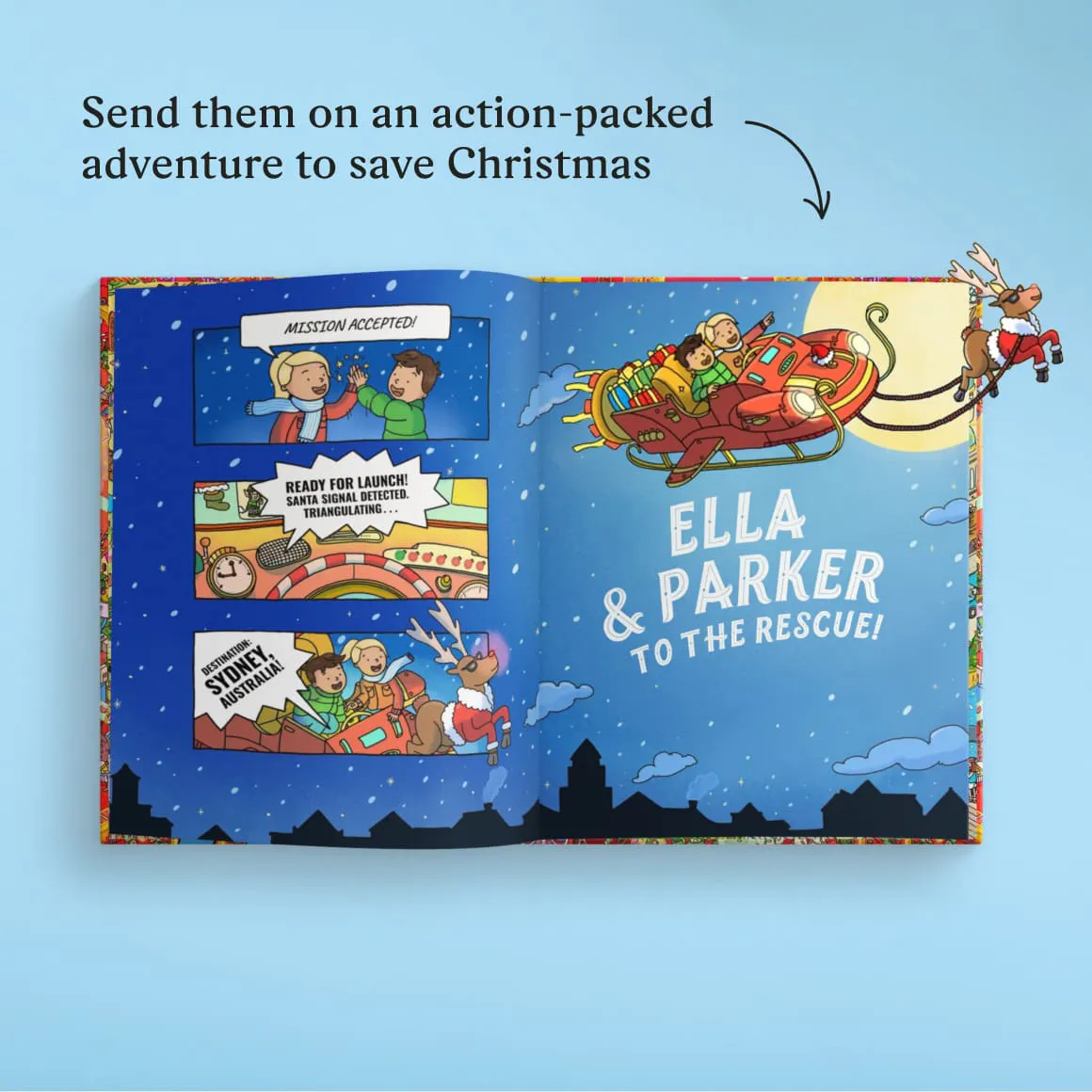 inside spread of book with santa sleigh