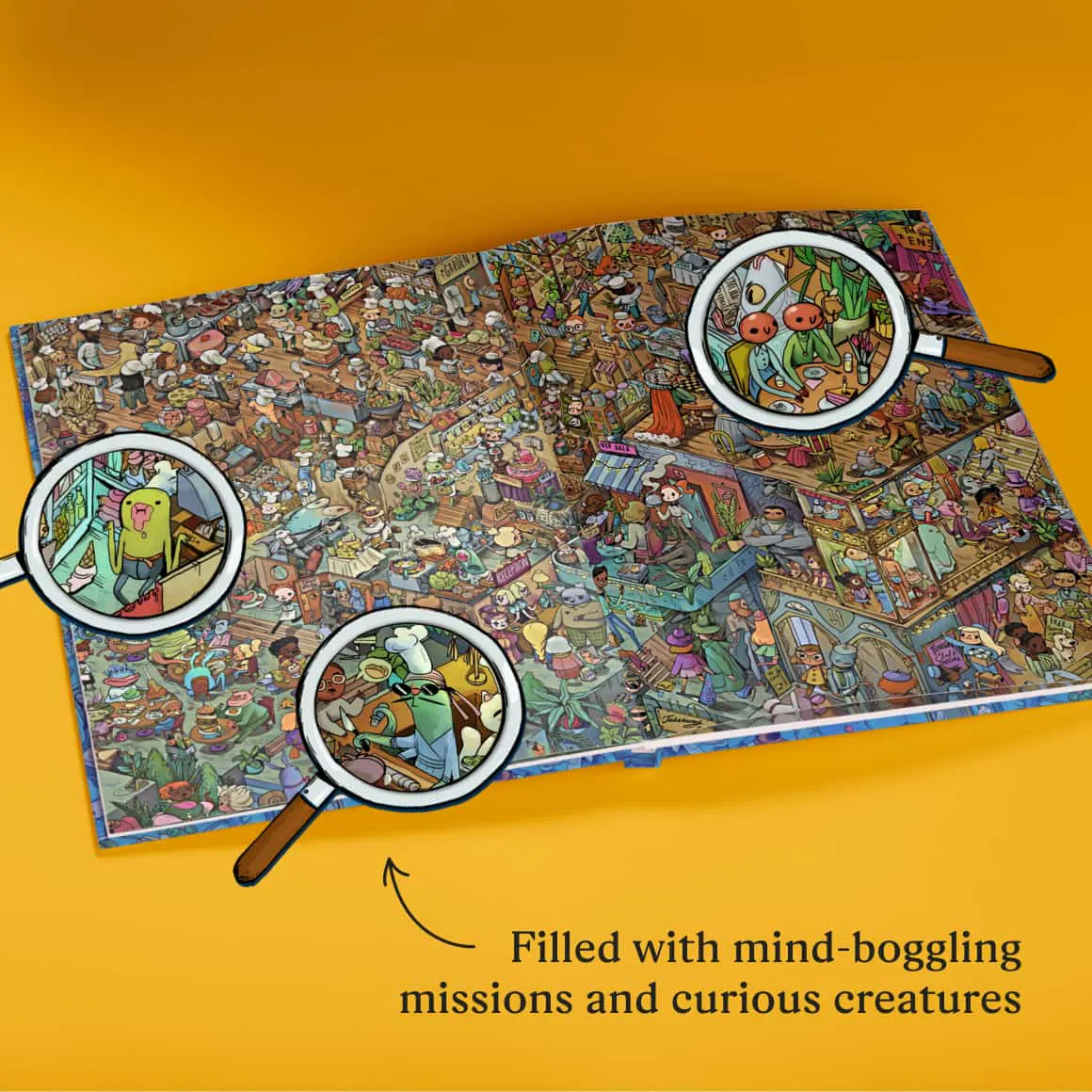 spread of book with different magnifying glasses zooming in on illustrations
