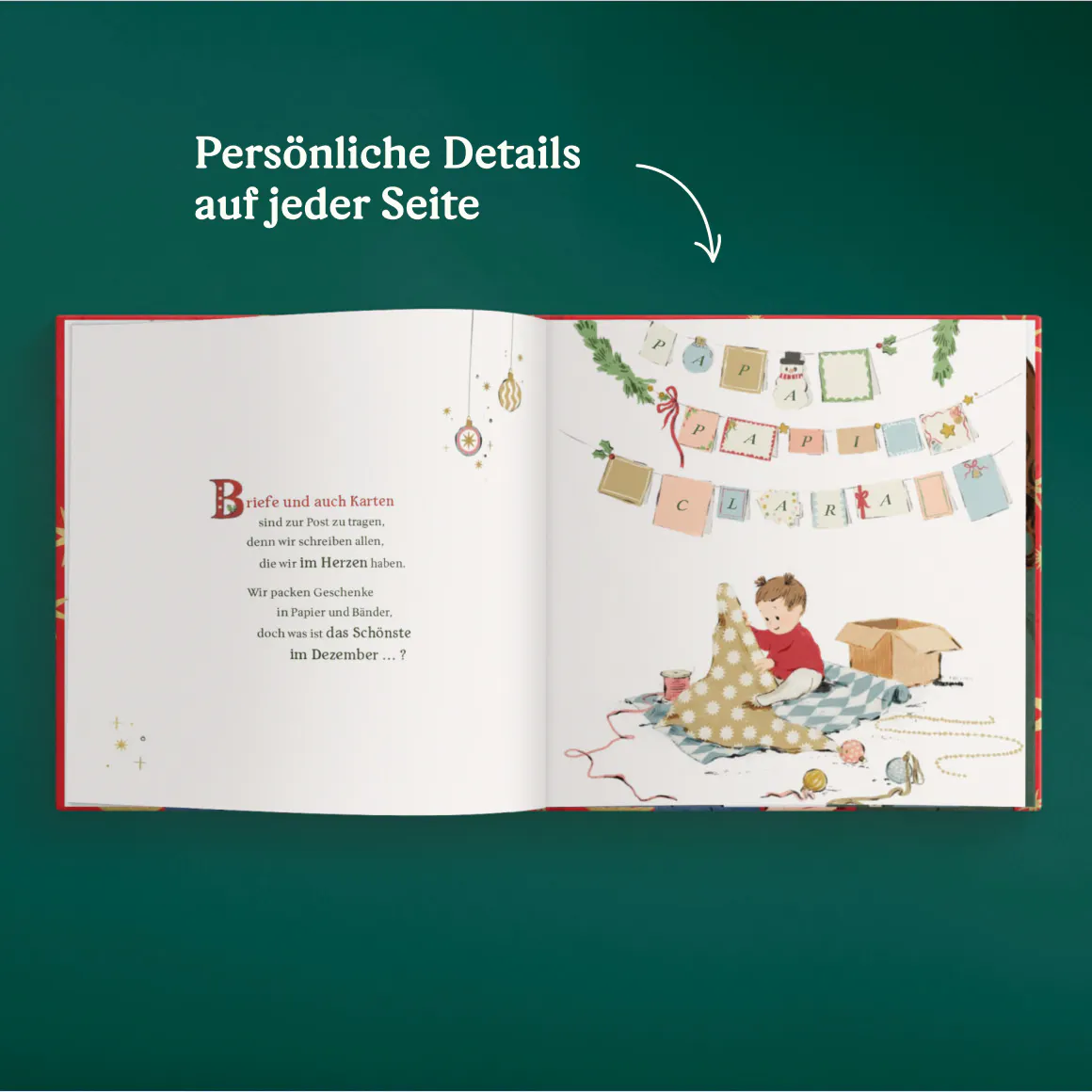 Eine aufgeschlagene Seite des personalisierten Buches - Das erste Weihnachtsfest zu dritt