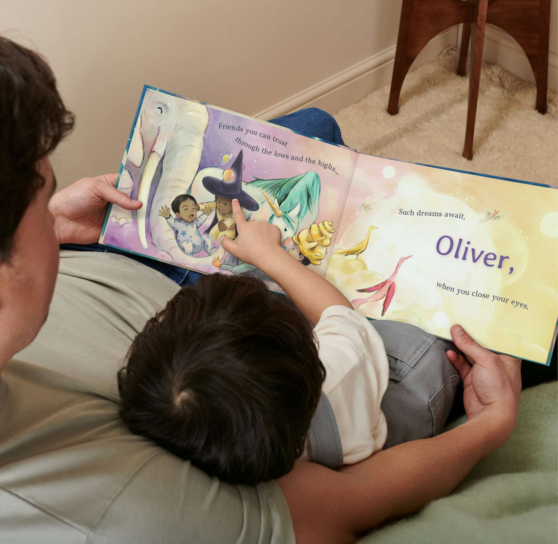 father and child reading personalised book