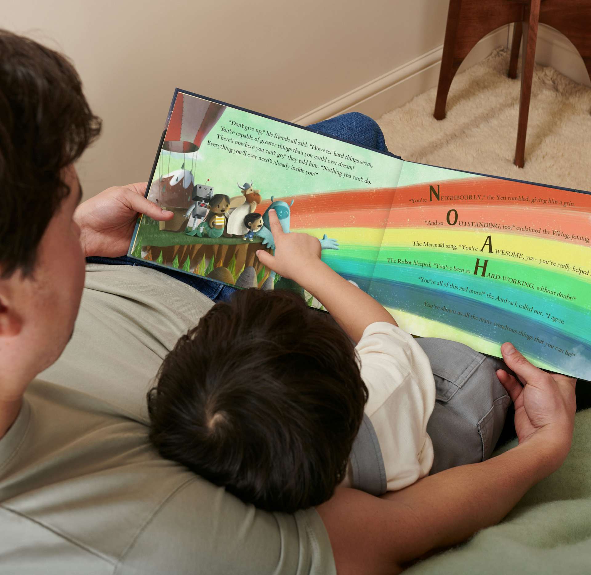 father and child reading personalised book