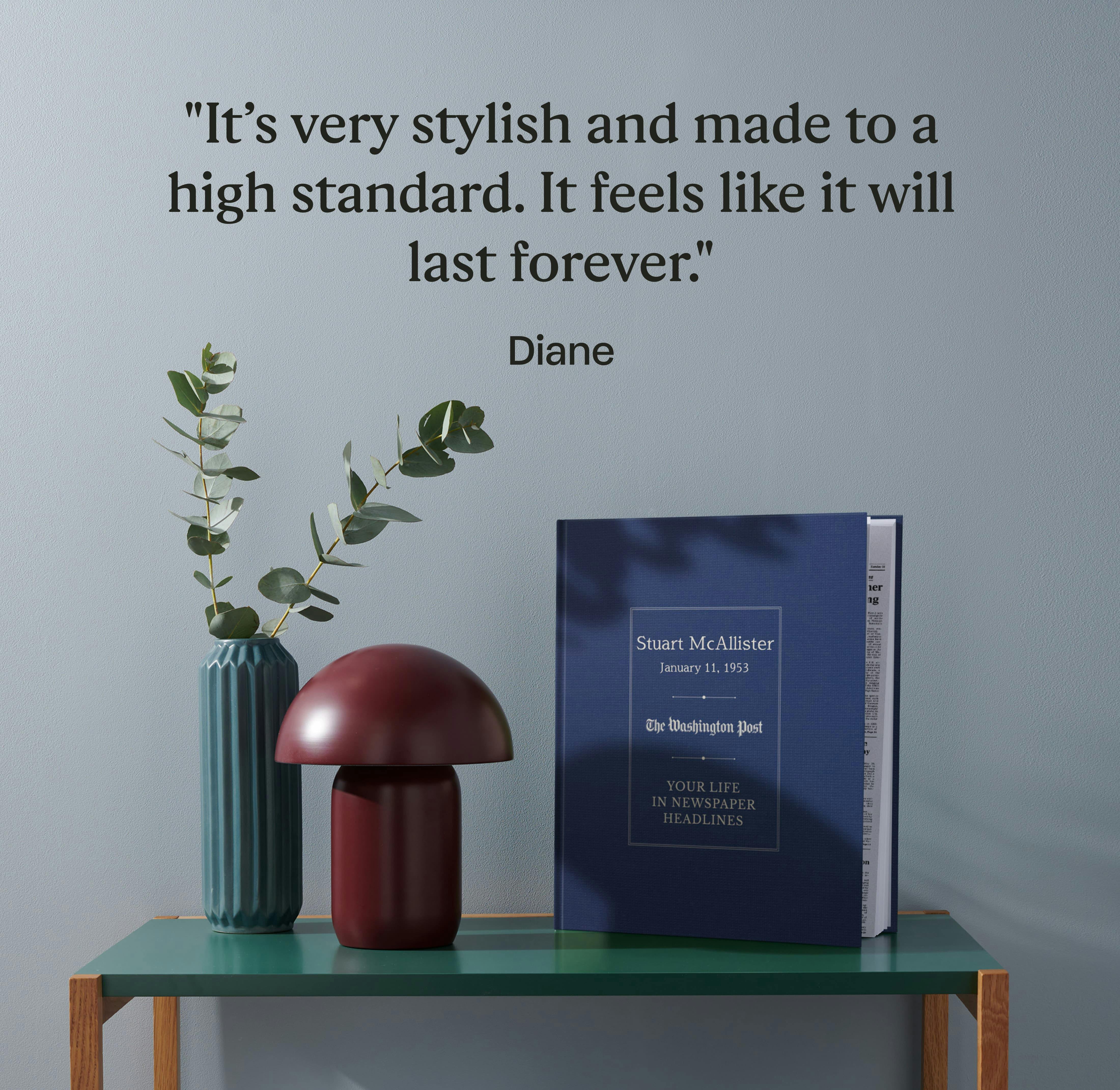 personalised book on a shelf with testimonial