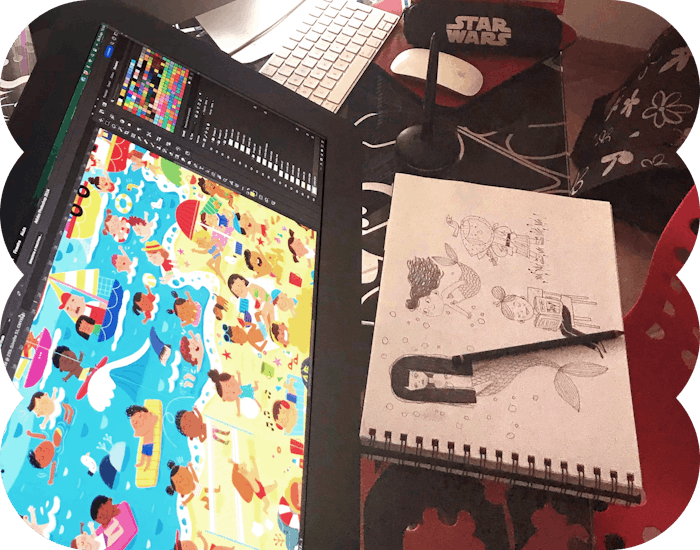 Digital art setup with a beach scene illustration and character sketches