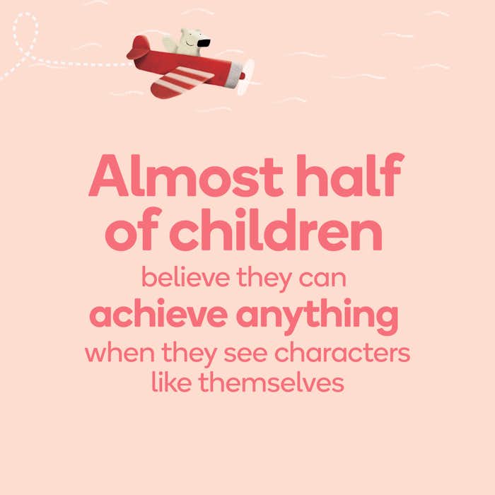 text reads "Almost half of children believe they can achieve anything when they see characters like themselves"